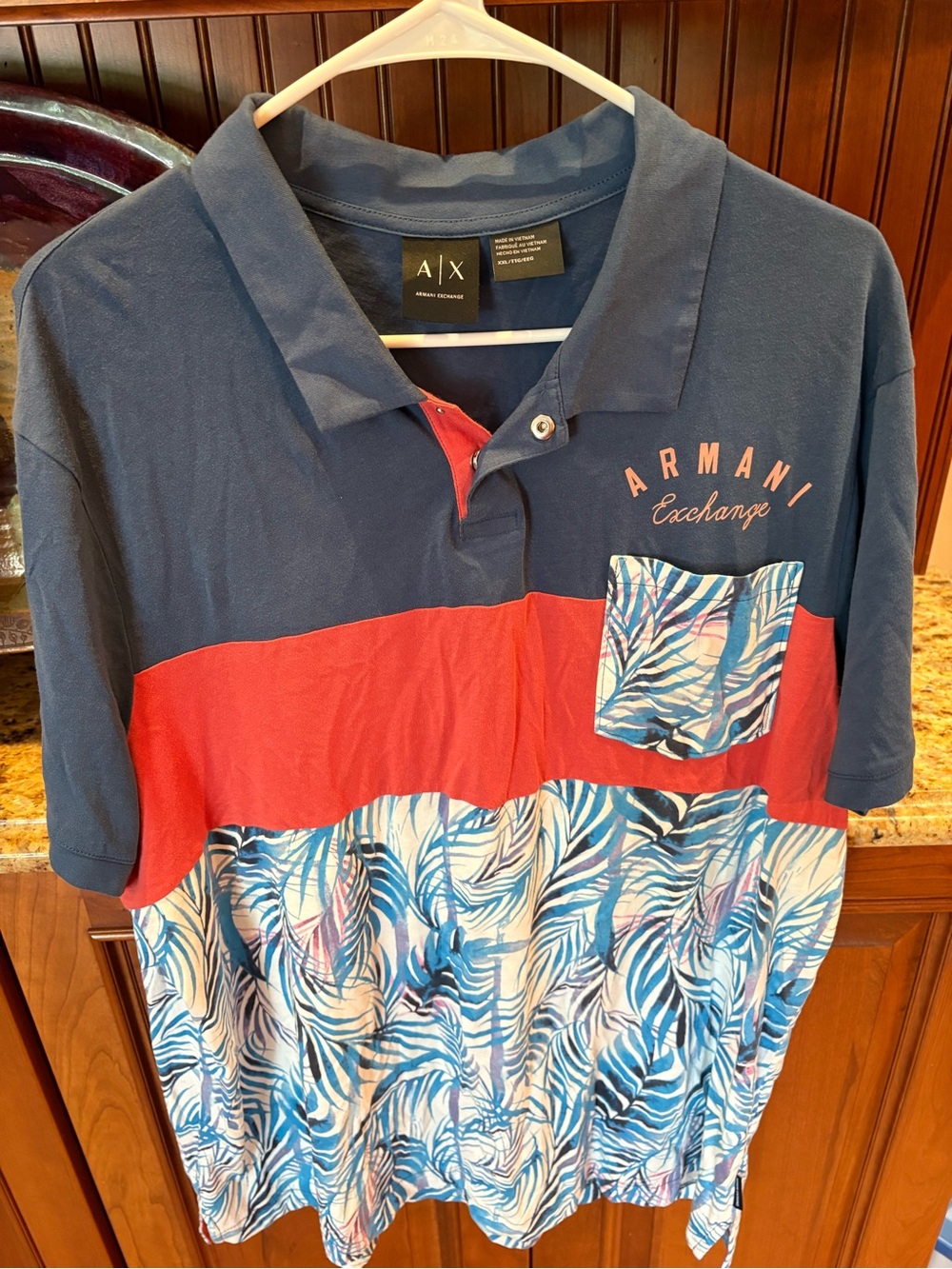 Armani Exchange men’s polo. Sharp blue & red with tropical print & logo. 2XL - Picture 4 of 5